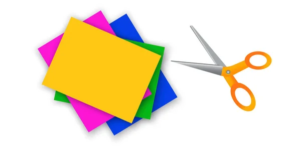 Papel coloreado y tijeras. Suministros de artesanía. Imagen plana de las herramientas para las clases escolares . — Vector de stock