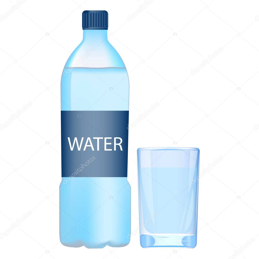 Water in a plastic bottle. Vector flat icon of capacity with liquid and glass. Dishes with mineral sparkling water.