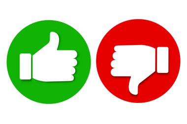 Evet ve hiç ikon yok, hoşlanmak ve hoşlanmamak. Yeşil ve kırmızı onay ve düşmanlık rozeti. Baş parmak yukarı ve aşağı. Stok Fotoğrafı.