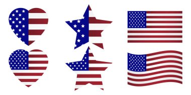 Amerikan bayrakları taşıyıcısı. ABD sembollerinin farklı şekillerinin düz görüntüleri. Stok Fotoğrafı.