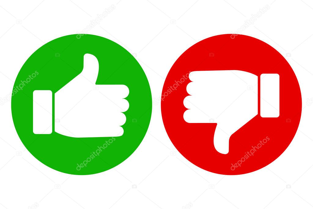 Thumb up and down icon. Icon of approval and not dirty. Green and red button of consent and denial. Vector image. Stock Photo.