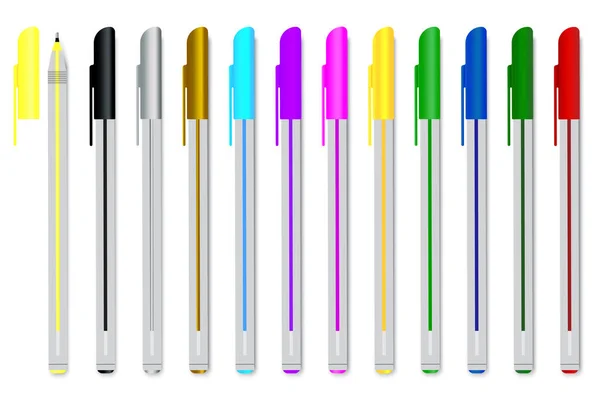 Colored Pens Set Illustration Stationery Office Study Plastic School Pens — Stock Vector