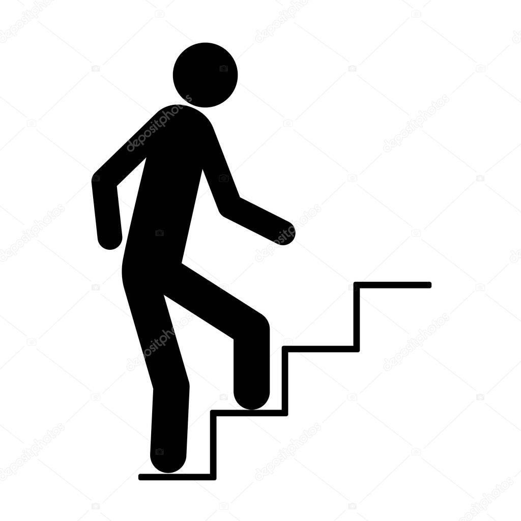 Vector icon of man running up ladder. A symbol of a person climbing the career ladder. Vector image. Stock Photo.