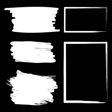 Siyah arka planda beyaz fırça darbeleri. Suluboya dikdörtgen dokular. Grunge lekeleri. Çizik beyaz çıkartmaların bir tasviri. Vektör resmi.