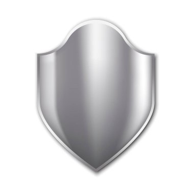 Gümüş metal kalkan. Vektör koruma rozeti. Güvenlik logosu. Stok fotoğrafı.