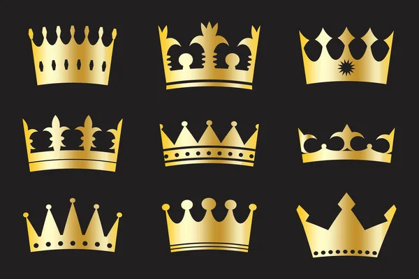 Coronas Oro Tiaras Reales Doradas Sobre Fondo Negro Conjunto Tocados — Archivo Imágenes Vectoriales