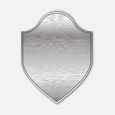 Gümüş metal boş kalkan. Koruyucu rozeti. Parlak güvenlik logosu. Vektör simgesi. Stok fotoğrafı.