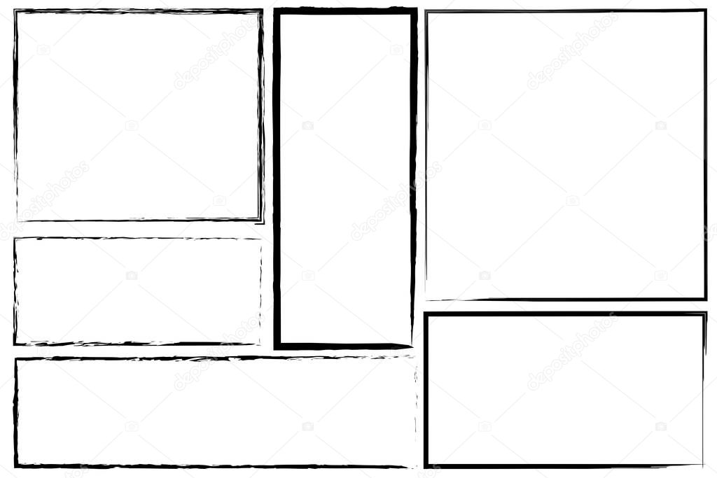 Borders of rectangle frames. Square brush drawn vector. Set of hand drawn frames. Stock photo.