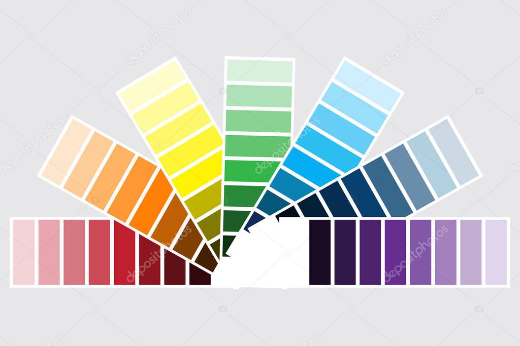 Color palette. Sample of colored paints. A spectrum of cmyk colors in the form of a fan. Pattern of different color shades. Vector image. Stock photo.