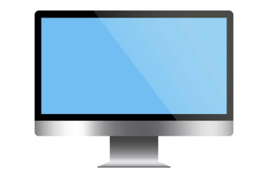 Bilgisayar ekranı. Düz izole monitör. Mavi masaüstü LCD görüntüsü. Gerçekçi geniş ekran. Vektör görüntüsü. Stok fotoğrafı.