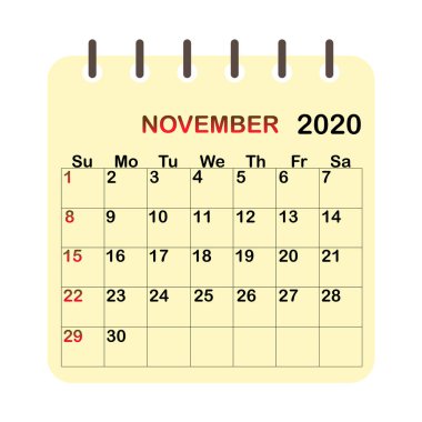 Pazartesi ve Pazar Kasım 2020. Kasım 2020 için sarı yapraklı takvim. Planlamacı çizimi. Vektör resmi.