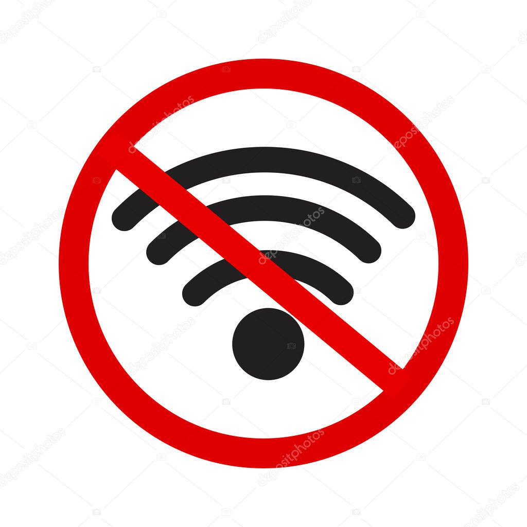 Vector wifa icon. Prohibition of the use of wai fay. Jamming the wireless connection. Wi-Fi coverage loss symbol. Vector illustration. Stock image.