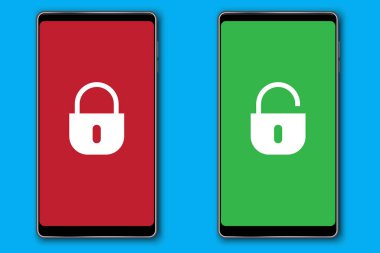 Kilitli bir telefon. Mobil uygulama simgesi. Dijital güvenlik sembolü. Şifre korumalı cihaz. Vektör çizimi. Resim yükle.