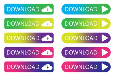 Düğmeleri indir. Site için simgeler. Çok renkli indirme tuşları seti. Vektör çizimi. Resim yükle.