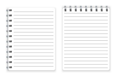 Kağıt defter. Notlar için not defteri. Sarmal pedallı. Çizgileri olan kâğıt bir sayfa. Vektör çizimi. Resim yükle.