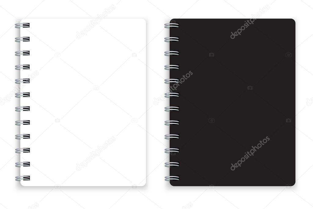 Mock up of black and white notebooks. Notepad on a spiral. Sketchbook in two colors. Vector illustration. Stock image.
