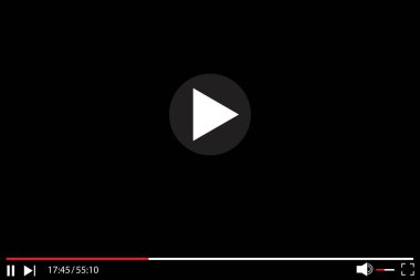 Medya video oynatıcı. Düğmelerle oyuncu arayüzü oynanıyor. Video oynatıcı ekran şablonu. Siyah uygulama görüntüsü. Vektör çizimi. Resim yükle.