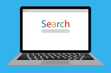 Ekranda arama çubuğu. Dizüstü bilgisayarda tarayıcı ara. Arama sekmesi. Vektör çizimi. Resim yükle.