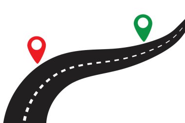 Navigasyonlu yol haritası. Yolda konum işaretleri var. Dolambaçlı bir yol. Vektör çizimi. Resim yükle.