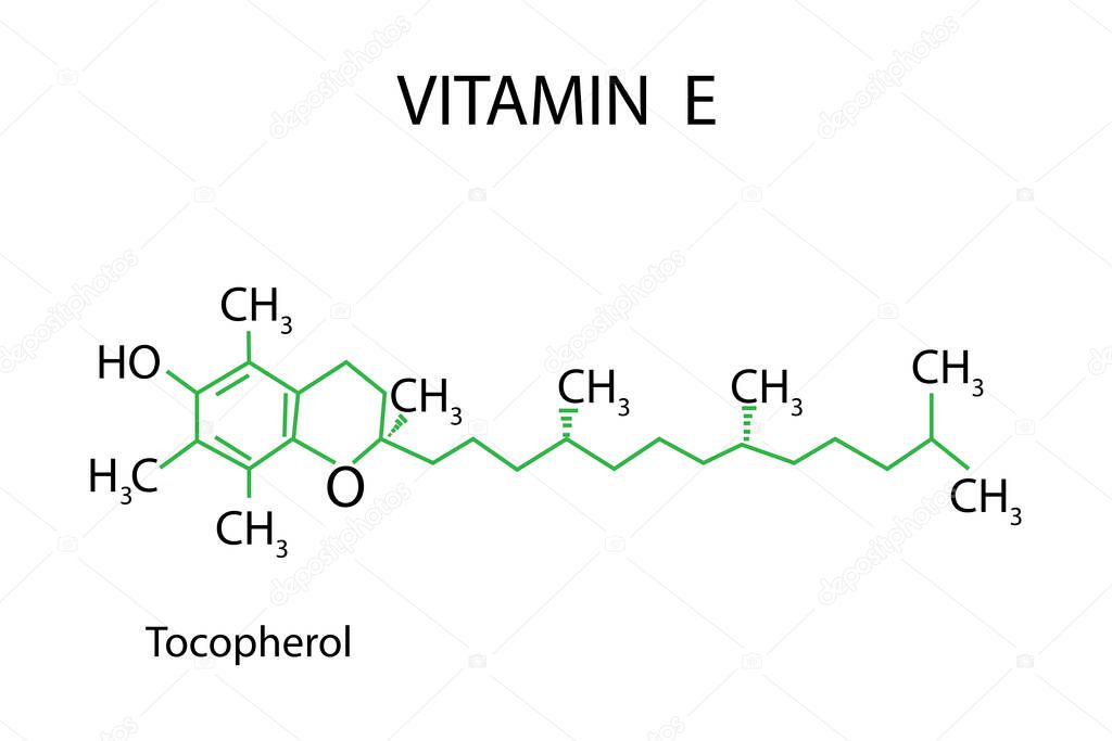 Molecule tocopherol. Vitamin E. Chemical formula in the form of a skeleton. Structure of tocotrienol. Vector illustration. Vector illustration. Stock image.