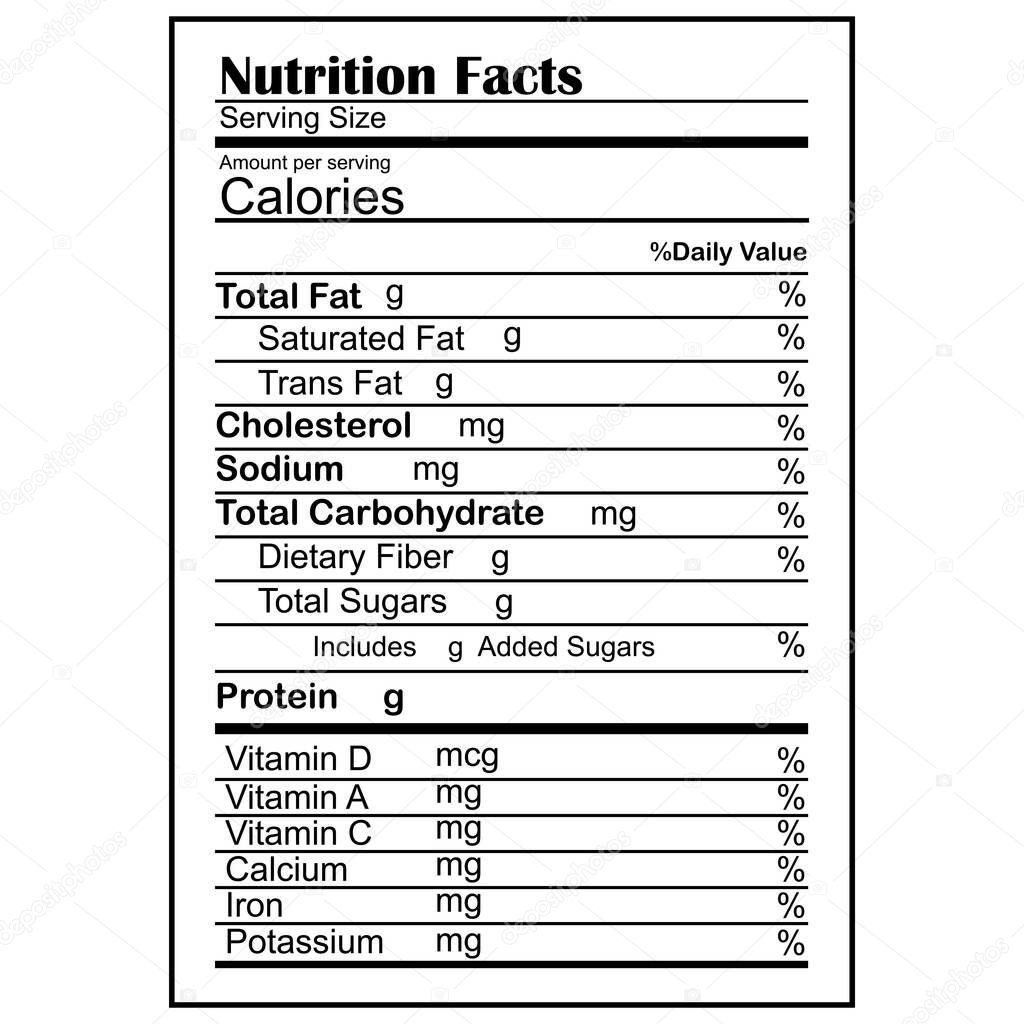 Nutrition facts. Design template with nutrition facts. Information table about food. Calorie selection. Vector illustration. Stock photo.