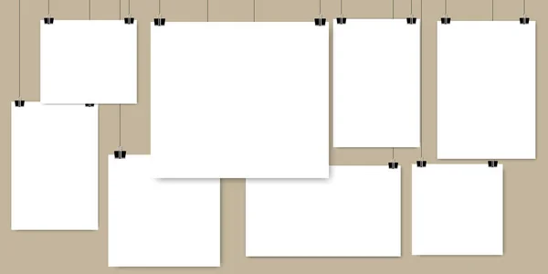 Listy Papíru Visící Bílém Pozadí Obrázek Vektorového Snímku Mockup Bílý — Stockový vektor