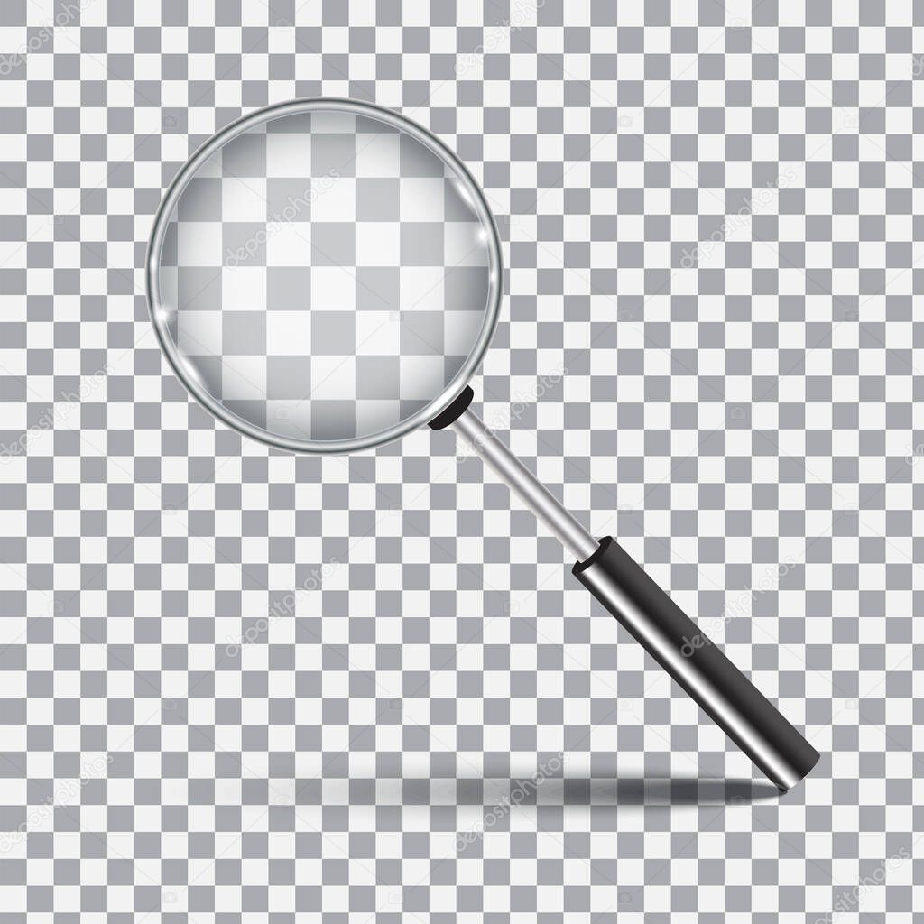 Magnifier on checkered background. Realistic loupe. Zoom and search tool. Vector illustration. Stock image.