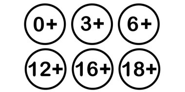 Yaş sınırı. Hoşgörü limiti. 18 'den fazla. İkonlar. Vektör çizimi. Resim yükle.