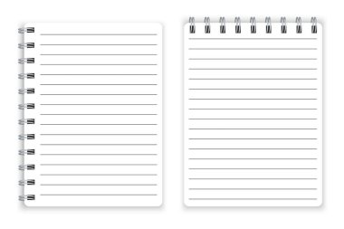 Kağıt defter. Notlar için not defteri. Sarmal pedallı. Çizgileri olan kâğıt bir sayfa. Vektör çizimi. Resim yükle.