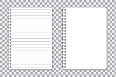 Spiral defter. Boş kağıtlar için kitap. Replikleri olan not defteri. Beyaz boş defter. Vektör çizimi. Resim yükle.