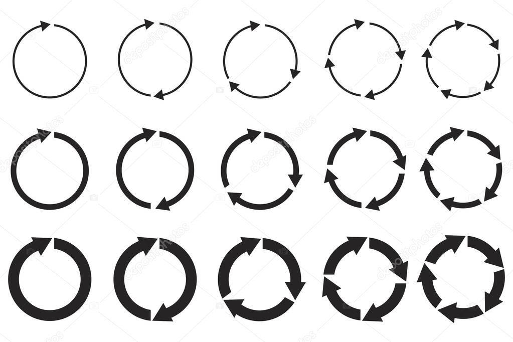 Vector group of circular arrows. Round repeat icons. Redo and reload symbol. Stock image. EPS 10.