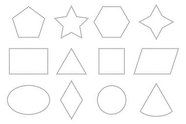 Noktalı şekiller ayarlandı. Geometrik figürler koleksiyonu. Taslak çizim vektörü. Soyut form paketi. EPS 10.