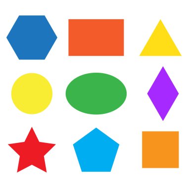 Geometrik şekiller illüstrasyon. Renkli çokgen elementler. Çocuk eğitim konsepti. Vektör temel formları. EPS 10.