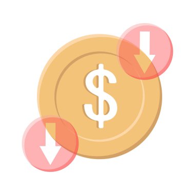 Bozuk para azalır. Dolar birimi düşüşü. Finansal kayıp sembolü. Vektör ekonomi amblemi. EPS 10.