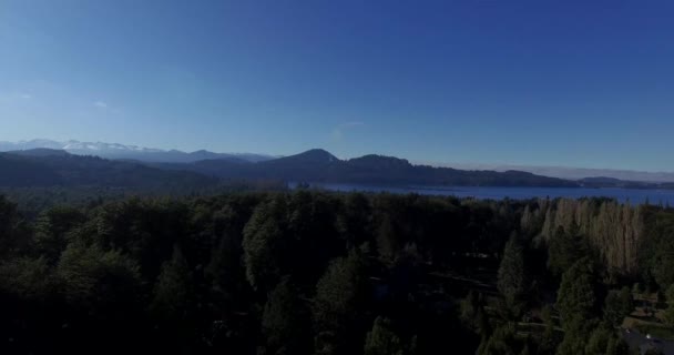 阿根廷巴塔哥尼亚蓝天 有松树 山和Nahuel Huapi湖的自然景观 — 图库视频影像