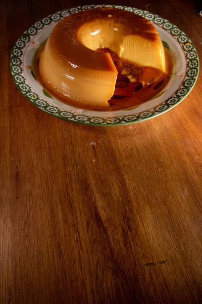 Vainilla Flan Delicious Dessert Lot Caramel Typical Argentinian Dessert Wood — Stock Photo, Image