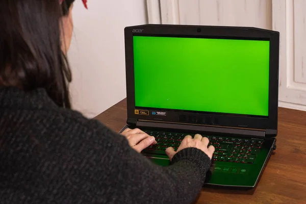 A women typing on a notebook doing home office with a green screen. With a Plant on the table