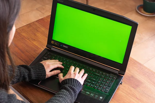 A women typing on a notebook doing home office with a green screen. With a Plant on the table