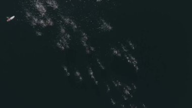 Güneşli bir yaz gününde Nahuel Huapi Gölü 'nü geçen Ironman triatlon yarışmasında yüzücülerin hava görüntüsü. Dağlar, bitki örtüsü ve botlarla çevrili.