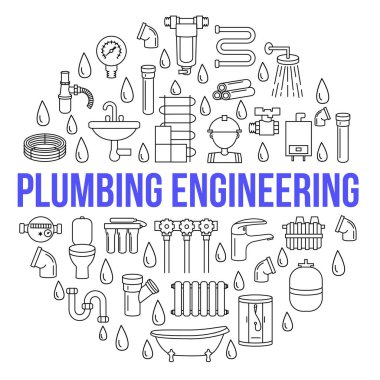 Beyaz arka planda boru tesisatı mühendisliği ve servis simgeleriyle daire şeklinde pankart. Tesisat mağazasının şablonu. Merkeze istediğiniz metni yazabilirsiniz..