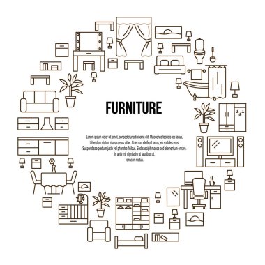 Braun düz çizgi simgeleriyle mobilya vektör şablonu. Ağ pankartları ve basılı materyaller için kavram. İç tasarım