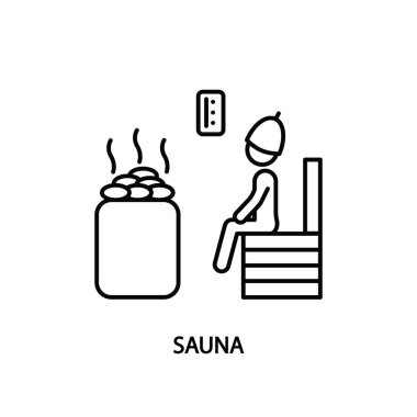Buhar odası çizgi ikonunda oturan insan figürü. Ağ pankartları ve yazdırılmış materyaller için kavram