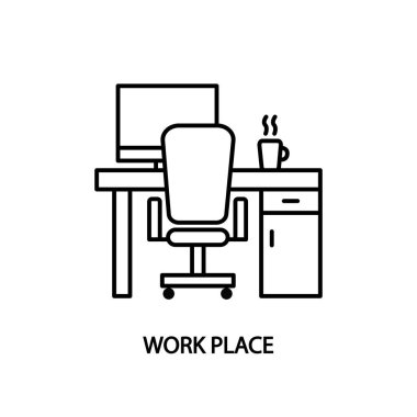 İş yeri simgesi. Bilgisayarlı masa ve bir fincan kahve. Ağ pankartları ve yazdırılmış materyaller için kavram.