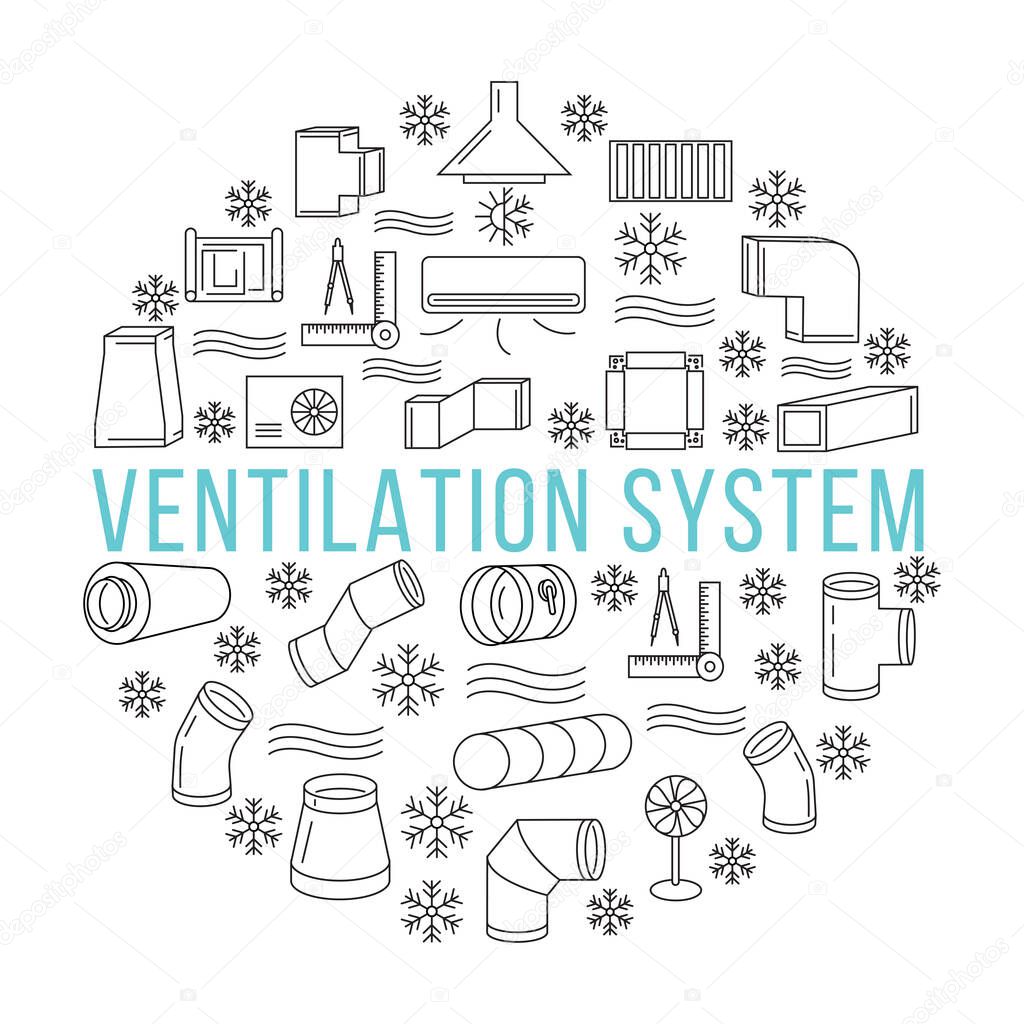 Circle banner with line icons of ventilation system on a white background. Round and rectangular ducts and fittings. Template for building company or store. In the center you can write any text
