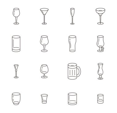 Şarap, bira ve kokteyl için farklı türde ikon bardaklar..