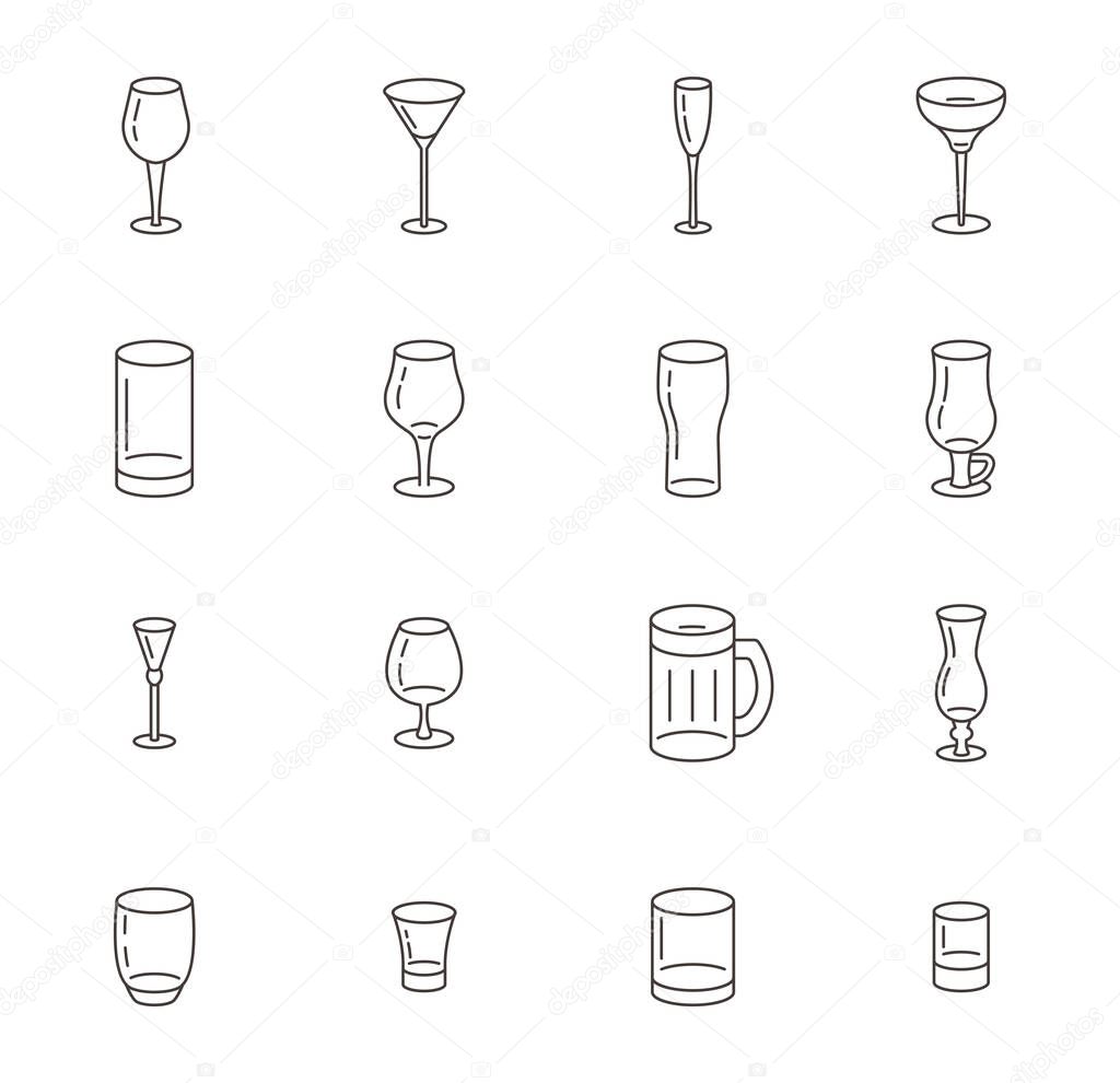 Icon set of different types of glasses for wine, beer and cocktails.