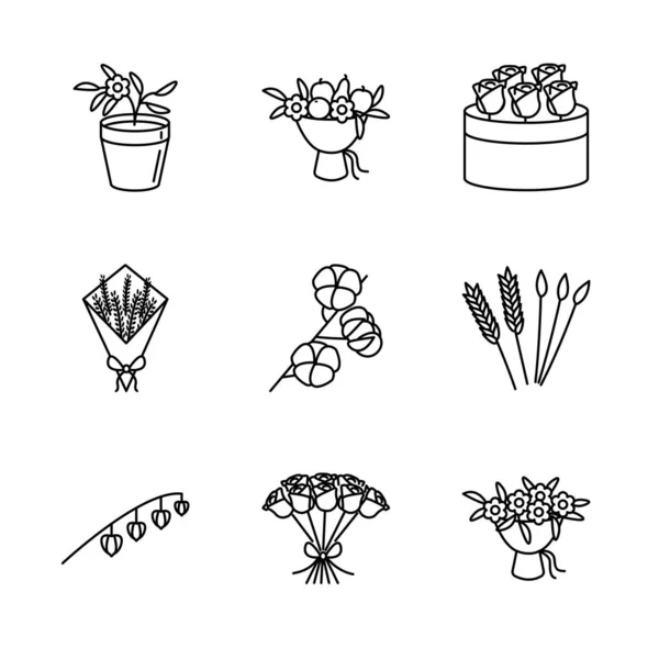Набор иконок из цветов и сушеных цветов. Physalis peruviana цветочный горшок, лаванда, хлопчатобумажная ветвь, рожь, хвостик кролика, фруктовый букет, розы. Для флористического веб-дизайна и печатных материалов . — стоковый вектор