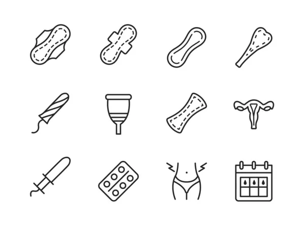 Podkładka sanitarna i okresy linii płaskie ikony zestaw. Symbole menstruacji. — Wektor stockowy