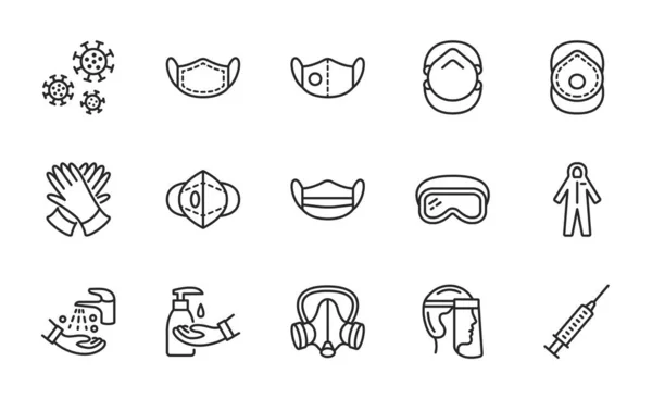 Защитное оборудование Covid-19 и одежда. Различные типы защитных масок и респираторов и перчаток, очки, медицинский костюм, лицевой щит. Редактируемые штрихи. — стоковый вектор