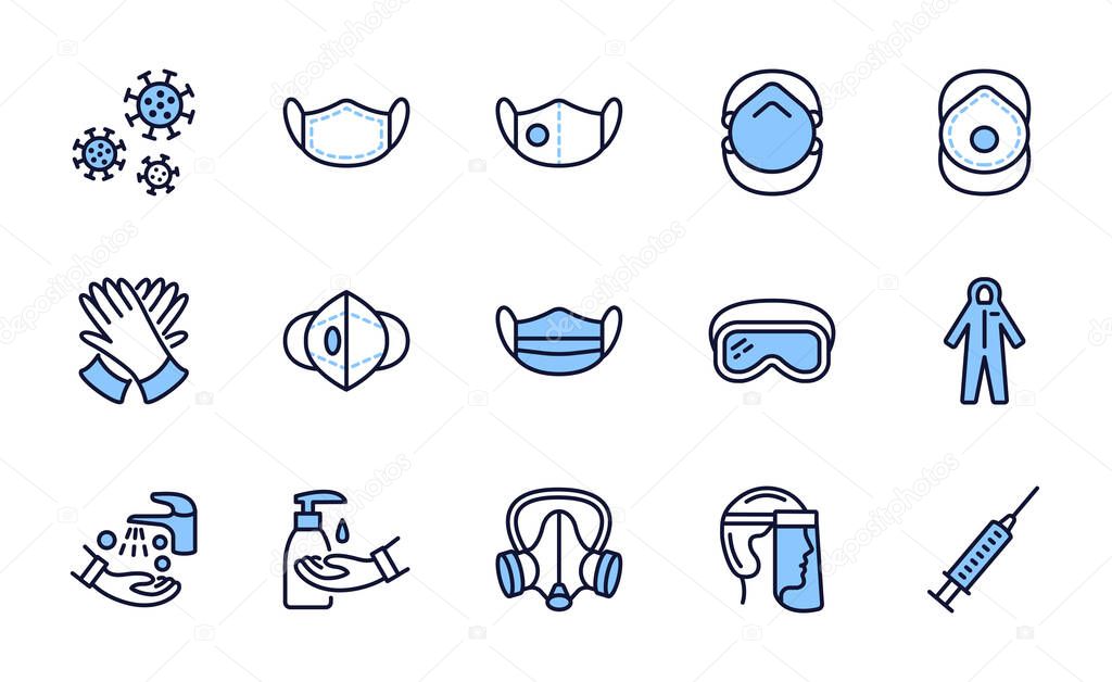 Covid-19 protection equipments and clothing. Various types of protective masks and respirators and gloves,goggles, medical suit, face shield. Blue color. Editable strokes.